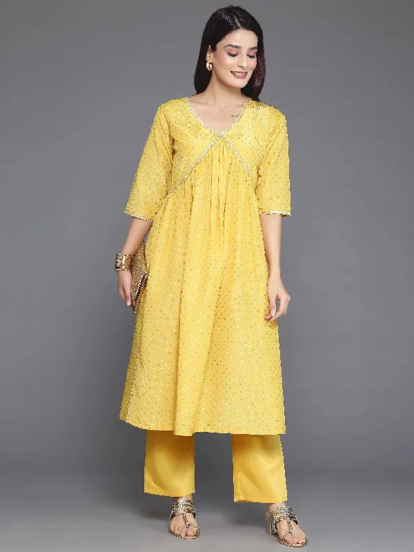 Yellow Woven Design Silk Blend A-Line Kurta With Trousers Trousers sophisticated sleek Yellow Woven Design Silk Blend A-Line Kurta With Trousers Trousers sophisticated sleek