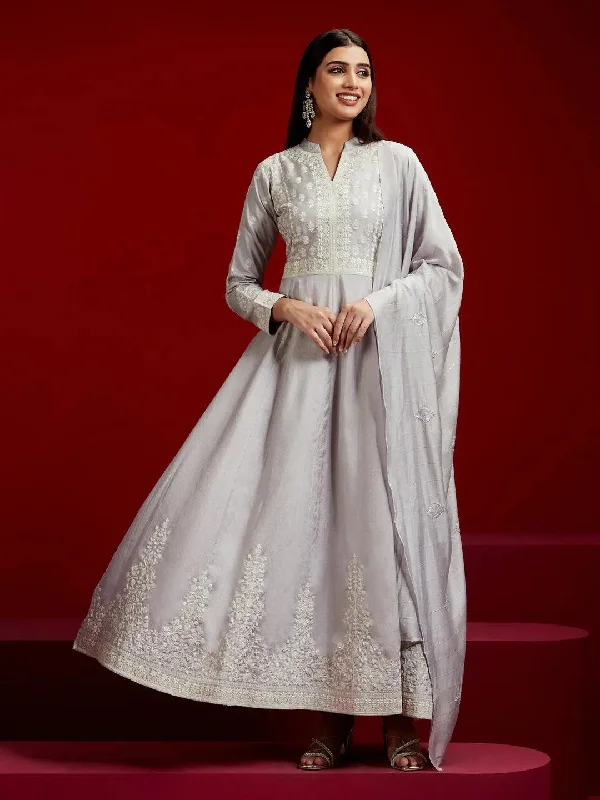 Libas Art Grey Embroidered Silk Blend A-Line Kurta With Trousers & Dupatta Trousers Recommended Stylist