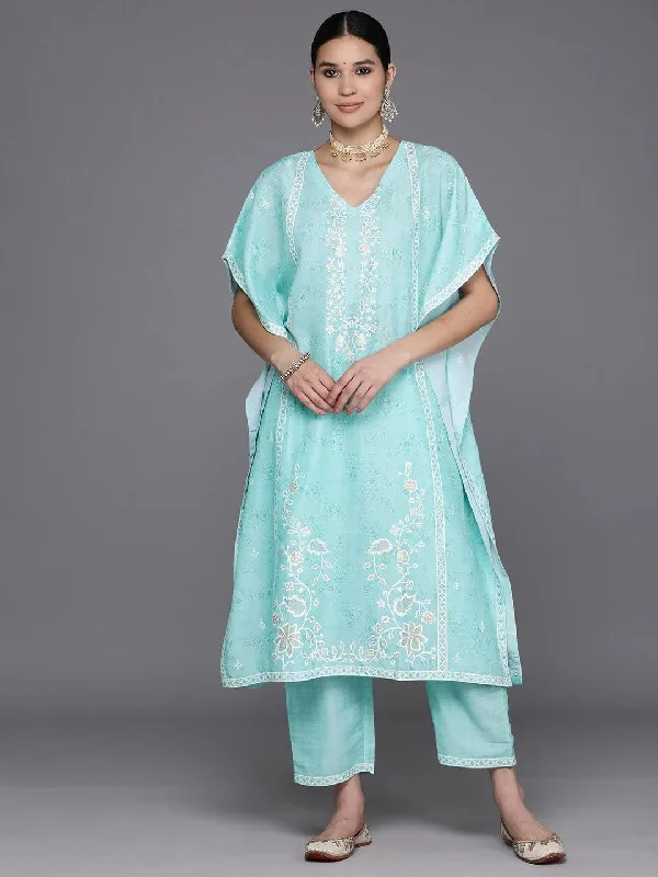 Sea Green Printed Silk Blend Kaftan With Trousers Trousers Print Floral