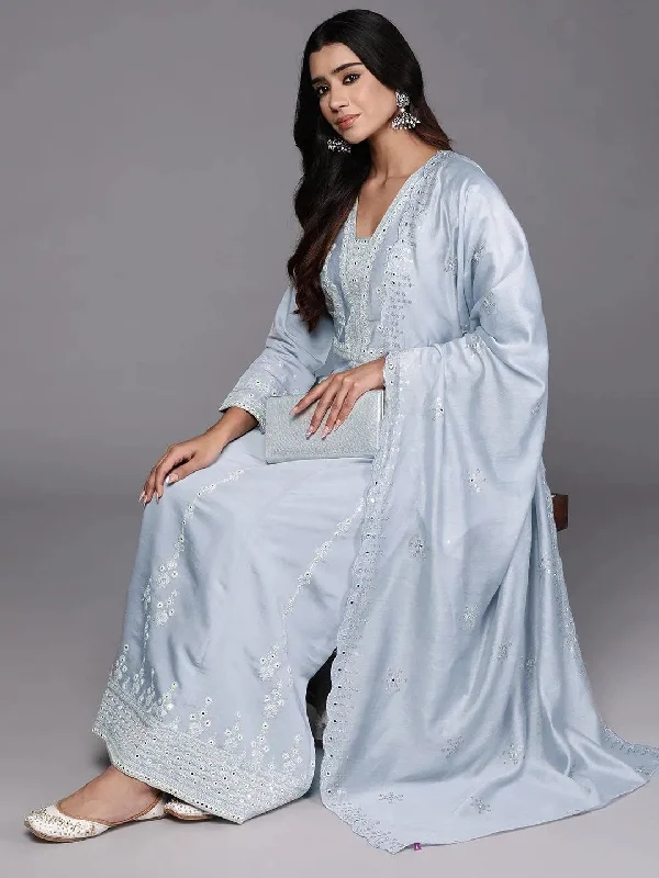 Libas Art Powder Blue Embroidered Silk Blend A-Line Kurta With Trousers & Dupatta Trousers Versatile Stylish Libas Art Powder Blue Embroidered Silk Blend A-Line Kurta With Trousers & Dupatta Trousers Versatile Stylish