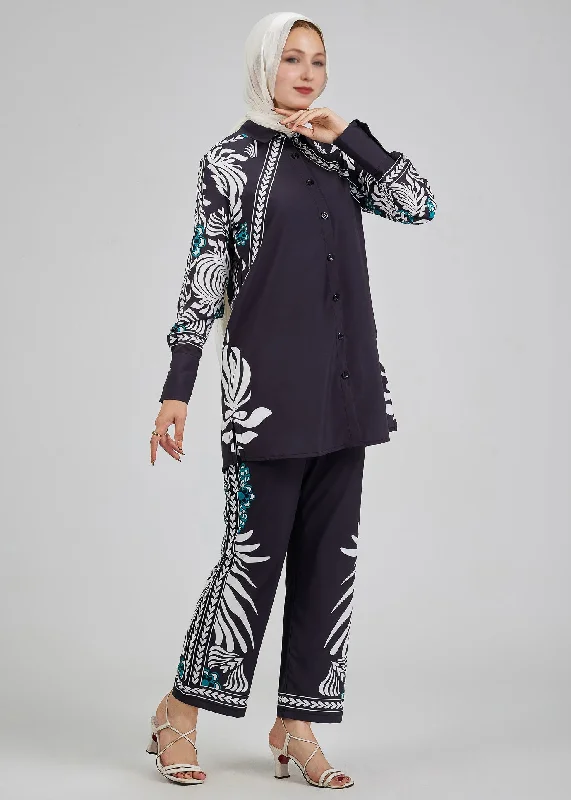 Wafa Celeste Floral Printed Button-Down Tunic with Matching Trousers Trousers Elastic Waist Soft Wafa Celeste Floral Printed Button-Down Tunic with Matching Trousers Trousers Elastic Waist Soft