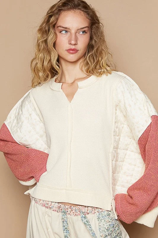 POL Quilted Contrast Waffle Knit Crop Top Patchwork High-low Long Sleeve Sweater Mesh Canvas Denim POL Quilted Contrast Waffle Knit Crop Top Patchwork High-low Long Sleeve Sweater Mesh Canvas Denim