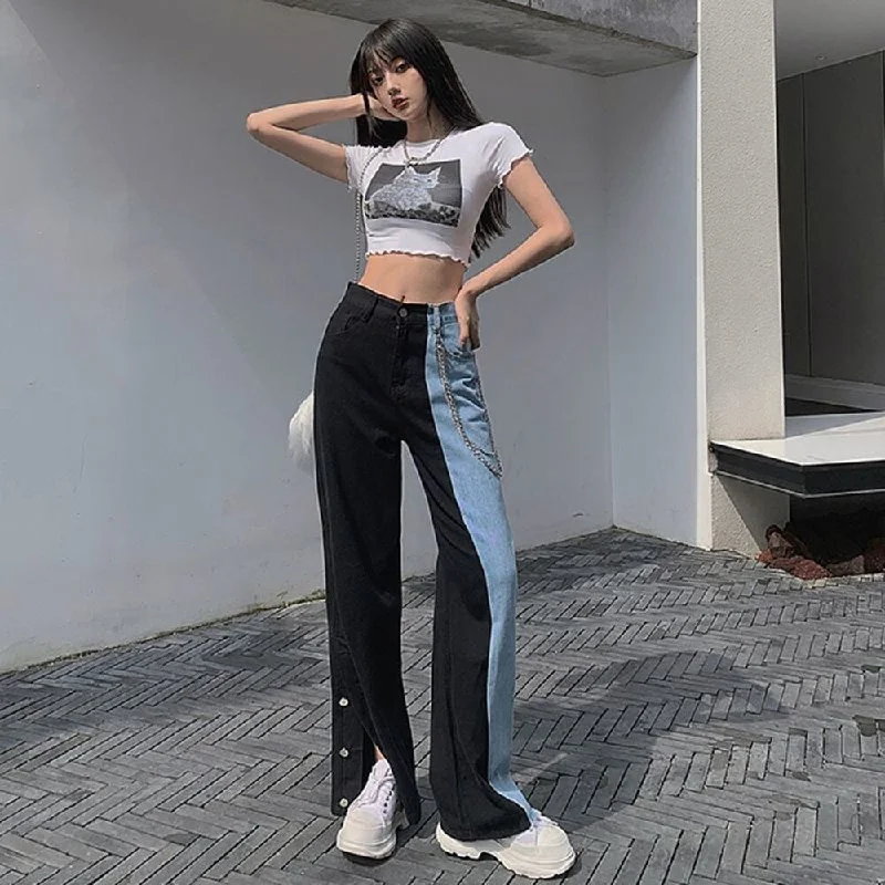 Large Size 4XL Stitching Contrast Jeans Female High Waist Was Thin Wide-leg Pants Street Spring And Autumn Trend Casual Trousers Trousers Gym Athletic Large Size 4XL Stitching Contrast Jeans Female High Waist Was Thin Wide-leg Pants Street Spring And Autumn Trend Casual Trousers Trousers Gym Athletic