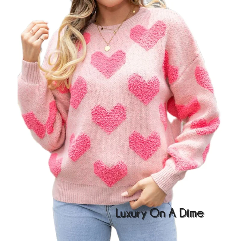 Fuzzy Knit Heart Valentine's Classic Round Neck Pullover Long Sleeve Sweater Flutter Sleeve Feminine Fuzzy Knit Heart Valentine's Classic Round Neck Pullover Long Sleeve Sweater Flutter Sleeve Feminine