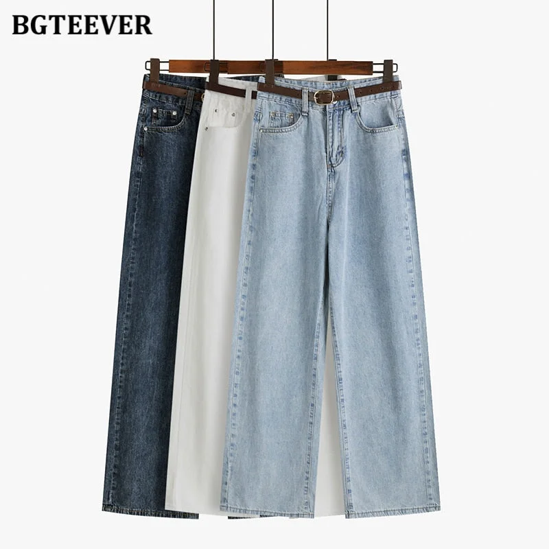 BGTEEVER Summer Stylish Women Wide Leg Denim Pants High Waist Button Ladies Straight Jeans Trouser Casual Female Solid Jeans Trousers High Rise Slim Fit BGTEEVER Summer Stylish Women Wide Leg Denim Pants High Waist Button Ladies Straight Jeans Trouser Casual Female Solid Jeans Trousers High Rise Slim Fit