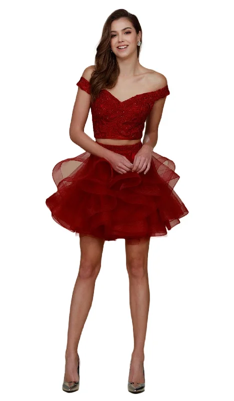 Nox Anabel - A613 Off Shoulder Crop Top Ruffled Skirt Party Dress Solid Color Striped Floral Nox Anabel - A613 Off Shoulder Crop Top Ruffled Skirt Party Dress Solid Color Striped Floral