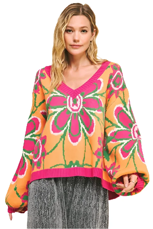 DAVI & DANI Retro Floral Bright Neon Long Sleeve Oversized Pullover Sweater Top Box Sleeve Comfort DAVI & DANI Retro Floral Bright Neon Long Sleeve Oversized Pullover Sweater Top Box Sleeve Comfort