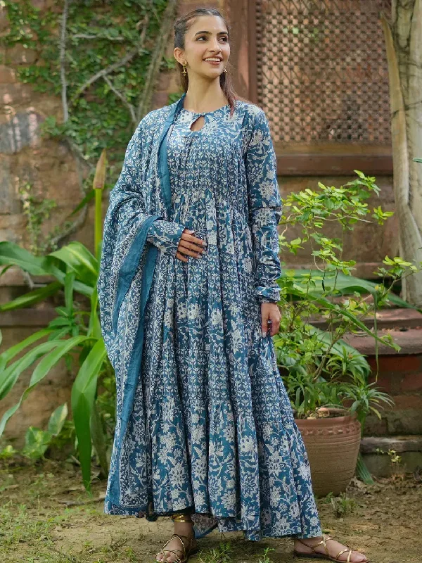 Blue Printed Cotton A-Line Kurta With Trousers & Dupatta Trousers Corduroy Warm