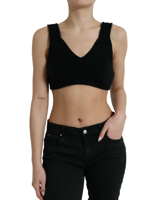 Dolce & Gabbana Elegant Black Cashmere Bustier Crop Top Elasticated Padded Insulated