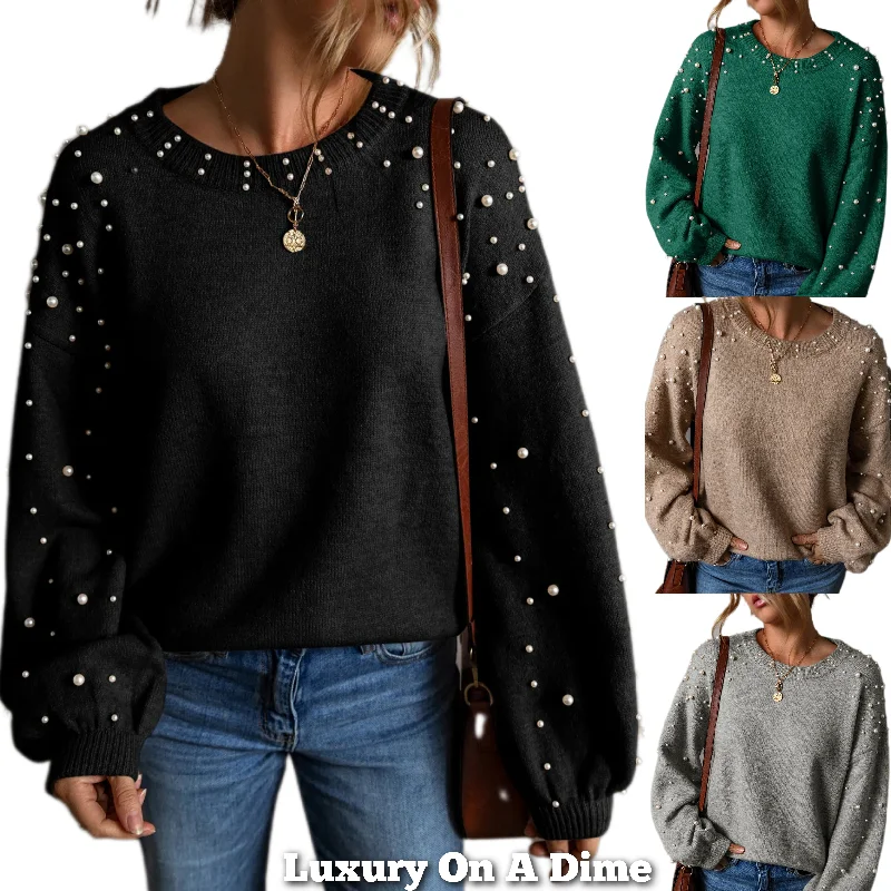 Pearl Beaded Knit Sweater Classy Pullover Long Sleeve Round Neck Sophisticated Top Flare Sleeve Stylish Pearl Beaded Knit Sweater Classy Pullover Long Sleeve Round Neck Sophisticated Top Flare Sleeve Stylish