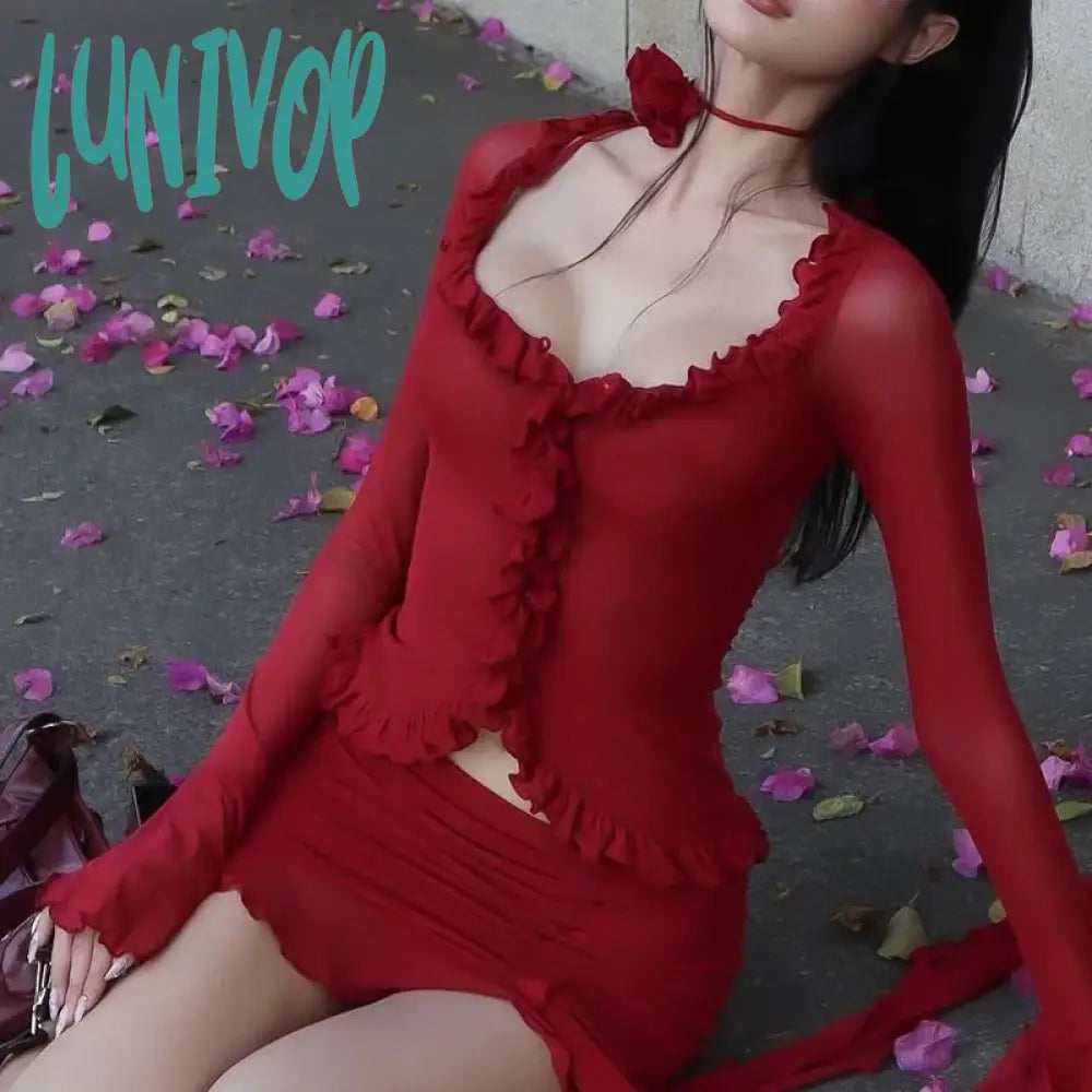 Lunivop Y2K Ruffles Slim Mesh Long Sleeve Crop Top Mini Skirts Sets Elegant Outfits Tie Front Tops and Skirt 2 Piece Matching Sets Notch Collar Peter Pan Collar Cowl Neck Lunivop Y2K Ruffles Slim Mesh Long Sleeve Crop Top Mini Skirts Sets Elegant Outfits Tie Front Tops and Skirt 2 Piece Matching Sets Notch Collar Peter Pan Collar Cowl Neck