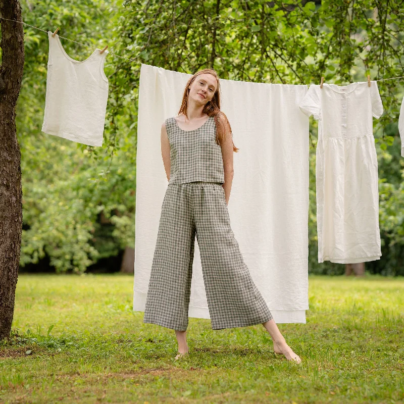 Green Gingham Crop Top & Culottes 2-Piece Satin Fabric Silk Fabric Chiffon Fabric
