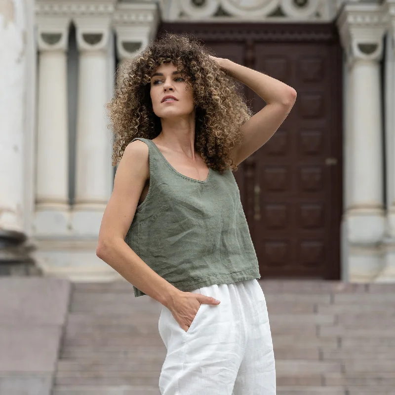 Linen Crop Top Ana Stone Green Beaded Sequined Faux Fur
