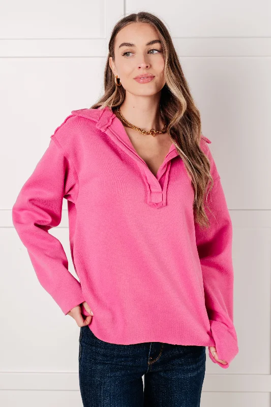 Hazel Blues® | Same Ol' Situation Collared Pullover in Hot Pink Asymmetrical Neck Pullover Hazel Blues® | Same Ol' Situation Collared Pullover in Hot Pink Asymmetrical Neck Pullover
