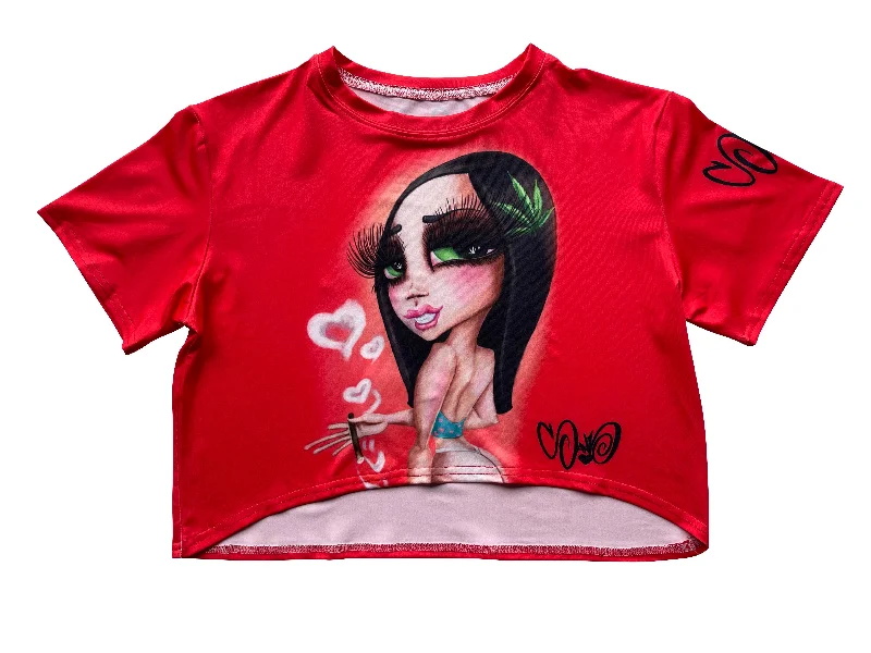 Stony Red Crop Top Solid Color Striped Floral