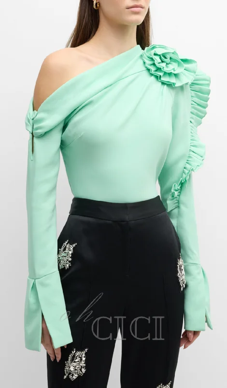 BELLE GREEN RUFFLE ROSETTE ONE-SHOULDER CROP TOP Elegant Classic Vintage