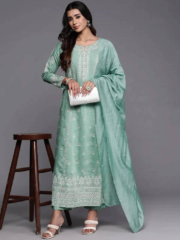 Libas Art Sea Green Embroidered Silk Blend A-Line Kurta With Trousers & Dupatta Trousers Review Highly