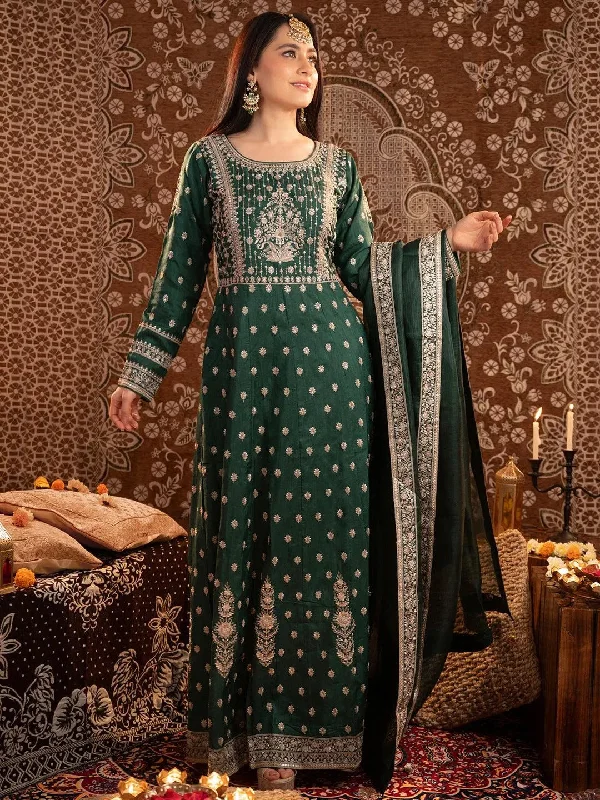Libas Art Bottle Green Embroidered Silk A-Line Kurta With Trousers & Dupatta Trousers Hiking Durable Libas Art Bottle Green Embroidered Silk A-Line Kurta With Trousers & Dupatta Trousers Hiking Durable