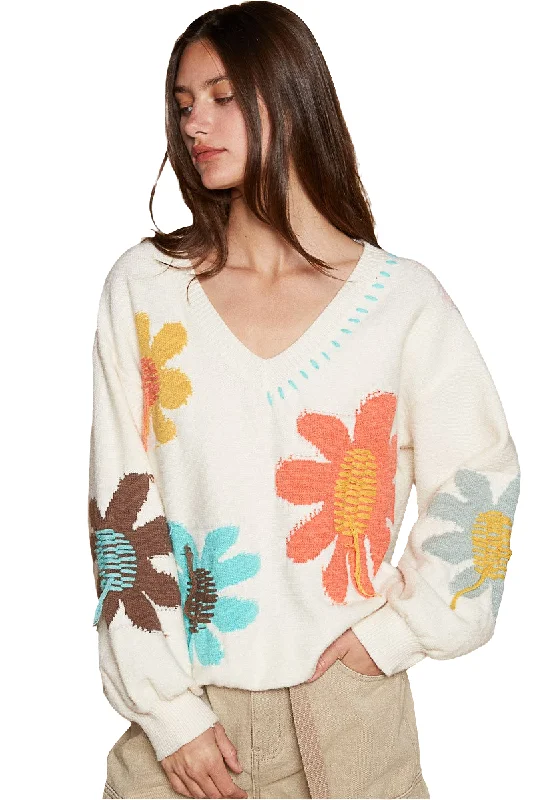 POL Daisy Fringe Retro Contrast Flower Top Embroidered Pullover Floral Knit Sweater Blouson Sleeve Pullover POL Daisy Fringe Retro Contrast Flower Top Embroidered Pullover Floral Knit Sweater Blouson Sleeve Pullover