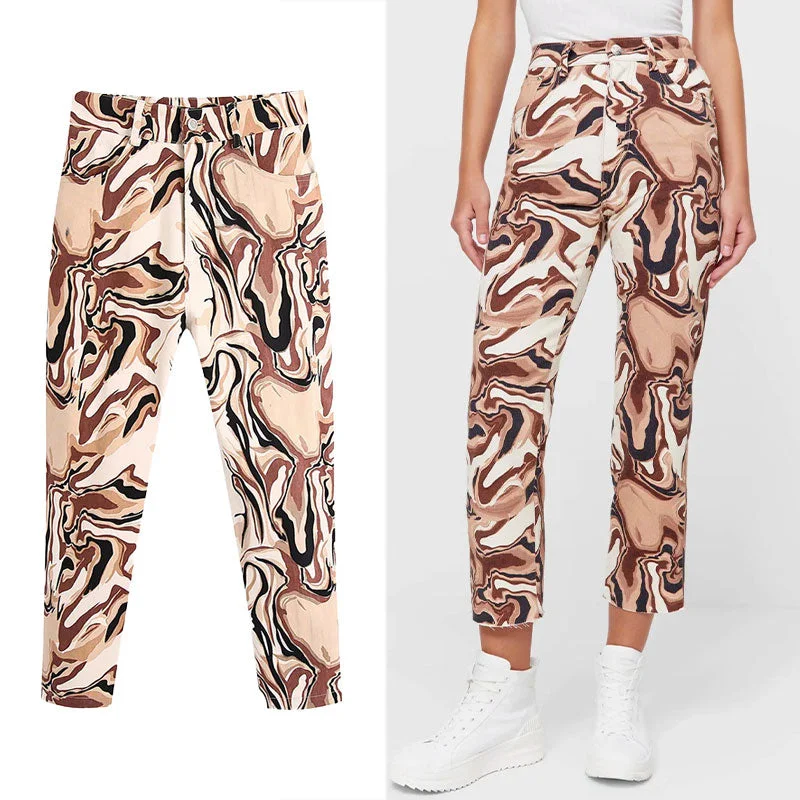 Za 2022 Women Jeans Slacks Ripple Printing High Waist Denim Pants For Women With Pocket Casual Trousers Loose Streetwear Trousers Print Floral Za 2022 Women Jeans Slacks Ripple Printing High Waist Denim Pants For Women With Pocket Casual Trousers Loose Streetwear Trousers Print Floral
