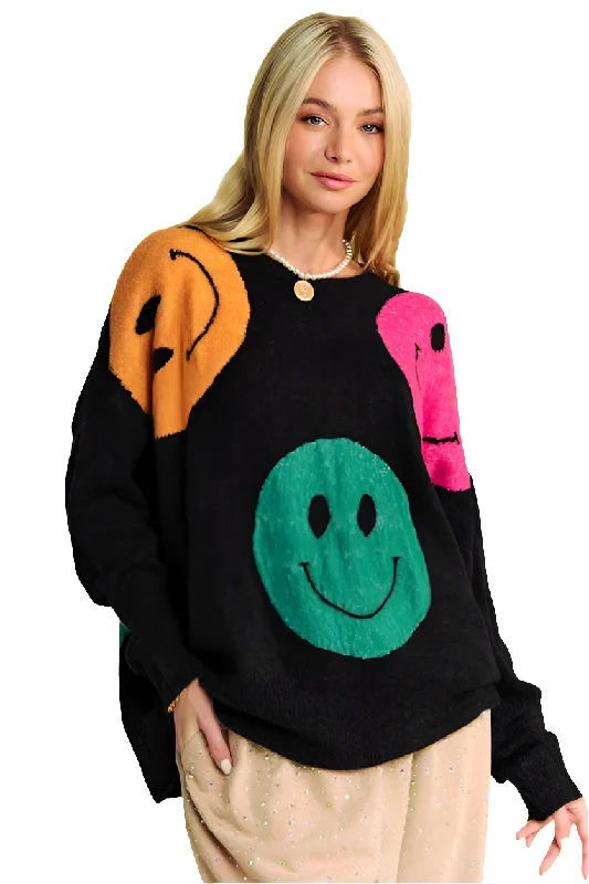 DAVI & DANI Knit Smiley Face Contrast Long Sleeve Oversized Pullover Sweater Top Boyleg Sleeve Pullover DAVI & DANI Knit Smiley Face Contrast Long Sleeve Oversized Pullover Sweater Top Boyleg Sleeve Pullover