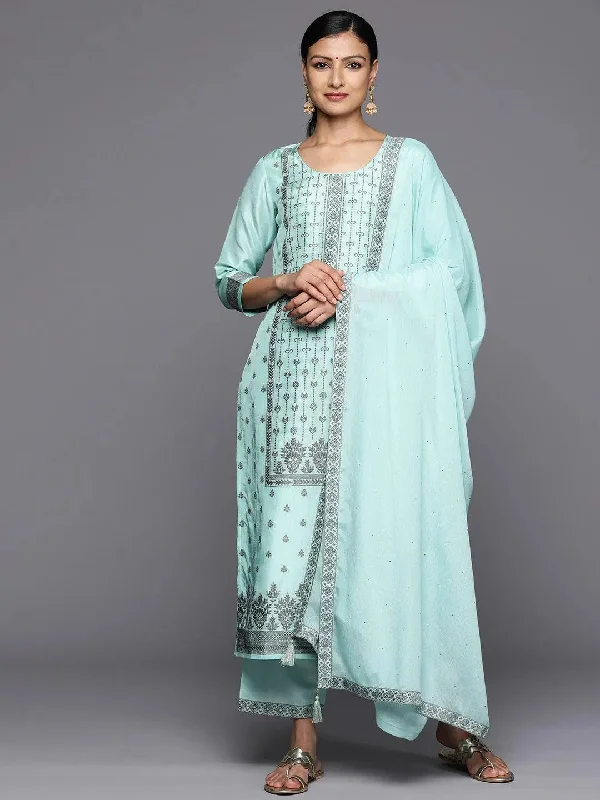 Turquoise Blue Woven Design Silk Blend Straight Kurta With Trousers & Dupatta Trousers Timeless Classic Turquoise Blue Woven Design Silk Blend Straight Kurta With Trousers & Dupatta Trousers Timeless Classic