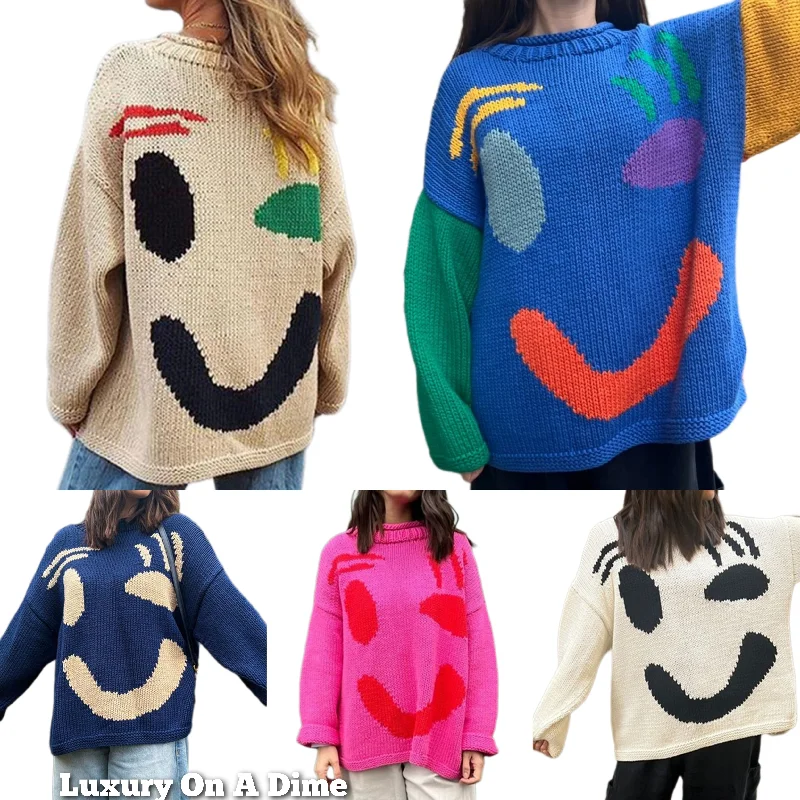 Knit Smiley Face Color Contrast Abstract Long Sleeve Oversized Pullover Sweater Top Long Bell Sleeve Knit Smiley Face Color Contrast Abstract Long Sleeve Oversized Pullover Sweater Top Long Bell Sleeve