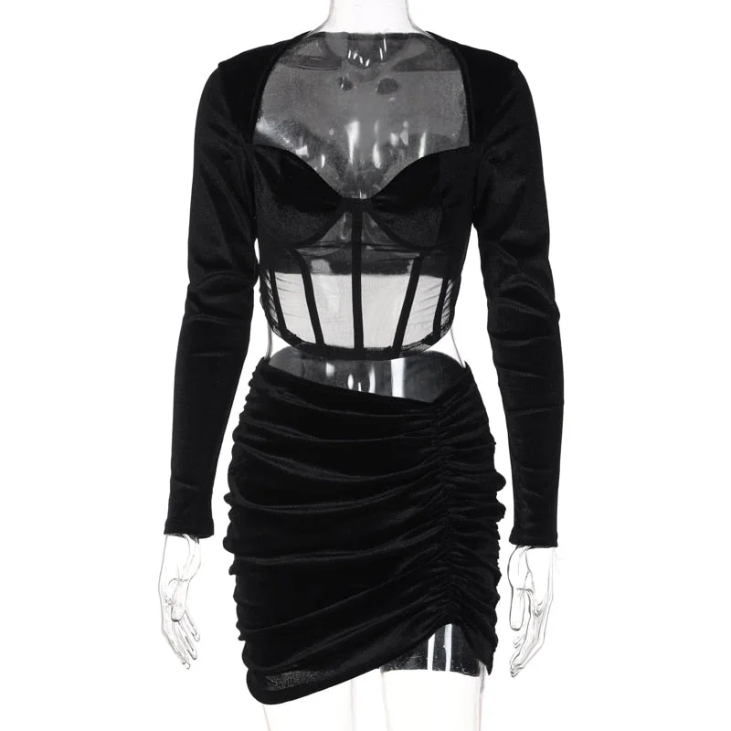 Velvet Mesh Long Sleeve Corset Out Crop Top Ruched Mini Dress 2 Pcs Set Bodycon Houndstooth Herringbone Solid Velvet Mesh Long Sleeve Corset Out Crop Top Ruched Mini Dress 2 Pcs Set Bodycon Houndstooth Herringbone Solid