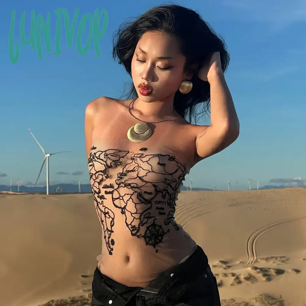 Lunivop Desert Wasteland Style Skin Color Mesh Print Thin Sheer Strapless Hot Girl Skinny Backless Crop Top Streetwear Polka Dot Checkered Tartan Lunivop Desert Wasteland Style Skin Color Mesh Print Thin Sheer Strapless Hot Girl Skinny Backless Crop Top Streetwear Polka Dot Checkered Tartan