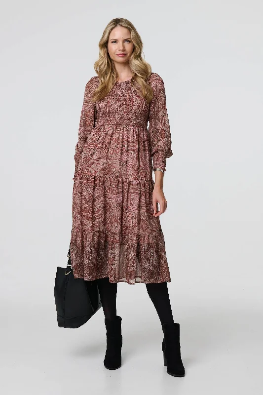 Printed Empire Tiered Midi Smock Dress Cozy Tie-Dye Midi Dress