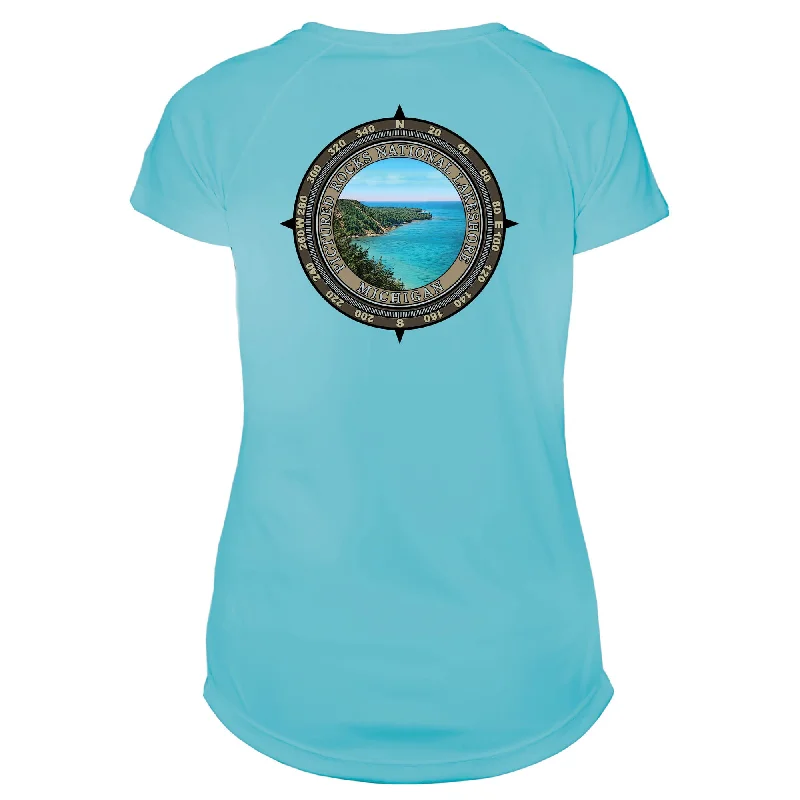 Retro Compass Pictured Rock Microfiber Short Sleeve Women's T-Shirt-- Spandex Blend Rayon Blend Denim Blend Retro Compass Pictured Rock Microfiber Short Sleeve Women's T-Shirt-- Spandex Blend Rayon Blend Denim Blend
