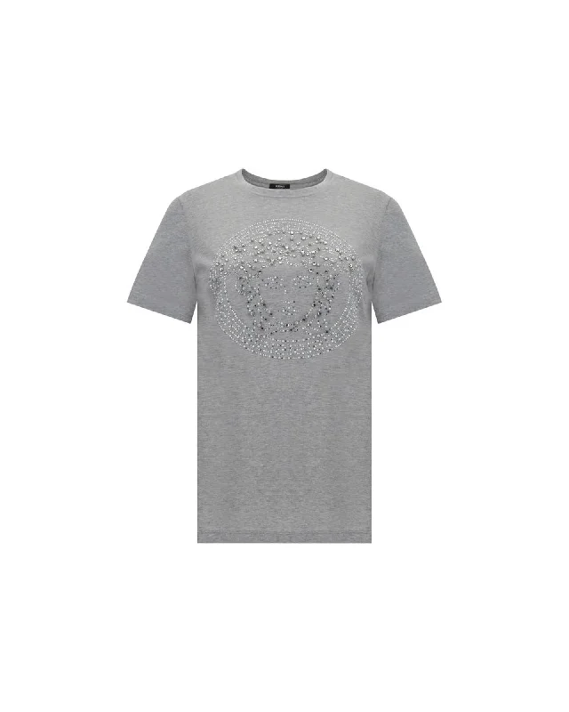Versace Cotton T-Shirt with Ribbed Crew Neck and Shiny Jewel Logo Detail-- Anti-Shrink Durable Soft Versace Cotton T-Shirt with Ribbed Crew Neck and Shiny Jewel Logo Detail-- Anti-Shrink Durable Soft