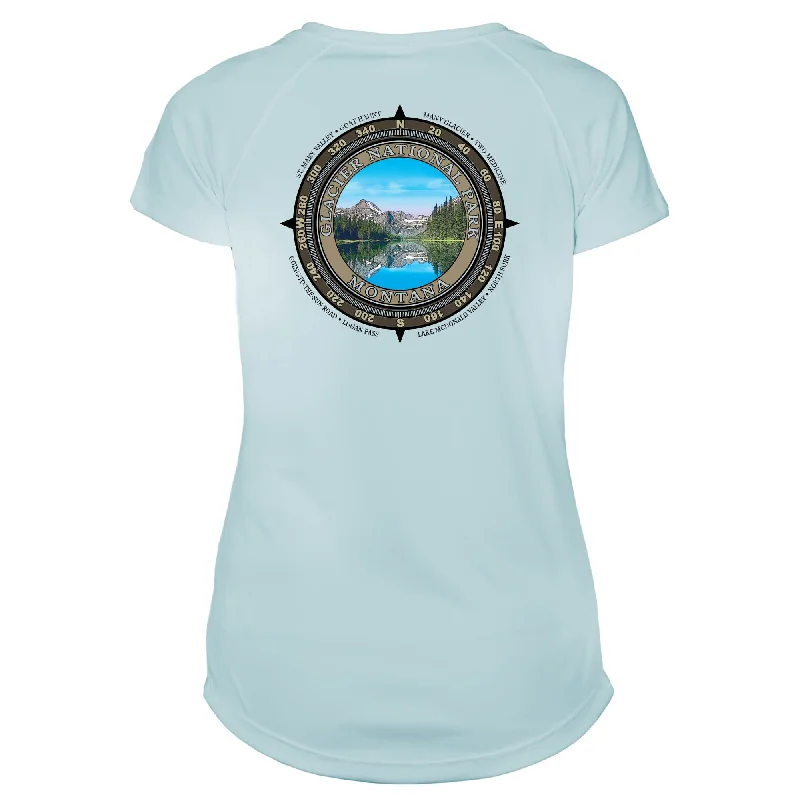 Retro Compass Glacier National Park Microfiber Short Sleeve Women's T-Shirt-- Hooded Caped Shawl Collar Retro Compass Glacier National Park Microfiber Short Sleeve Women's T-Shirt-- Hooded Caped Shawl Collar
