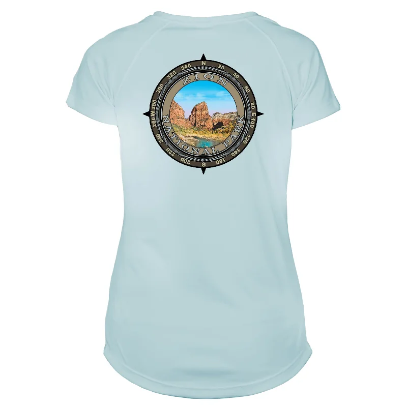 Retro Compass Zion National Park Microfiber Short Sleeve Women's T-Shirt-- Hooded Caped Shawl Collar Retro Compass Zion National Park Microfiber Short Sleeve Women's T-Shirt-- Hooded Caped Shawl Collar