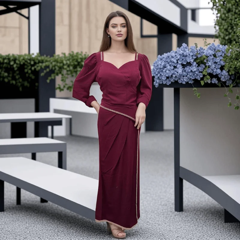 Burgundy Stone Crop Top & Draped Skirt Set: 2-Piece Indo-Western Ensemble Knit Fabric Woven Fabric Fleece Fabric Burgundy Stone Crop Top & Draped Skirt Set: 2-Piece Indo-Western Ensemble Knit Fabric Woven Fabric Fleece Fabric