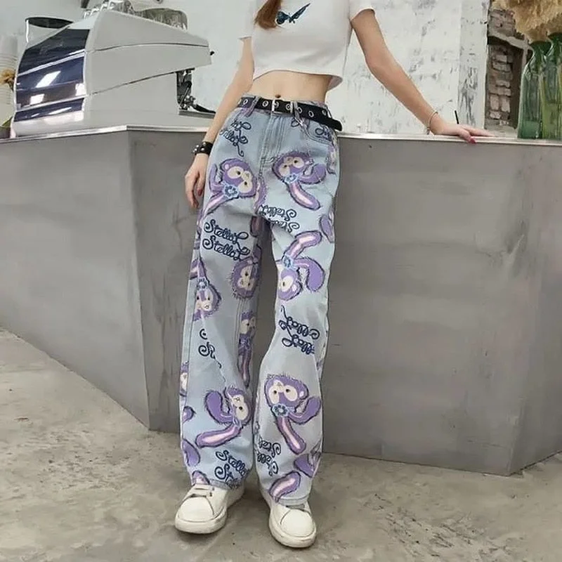 Women Jeans High Waist Loose Straight Pants 2022 Cartoon Printed Zipper Casual Female Long Trousers Large Size Mom Long Pants Trousers Bestseller Popular Women Jeans High Waist Loose Straight Pants 2022 Cartoon Printed Zipper Casual Female Long Trousers Large Size Mom Long Pants Trousers Bestseller Popular