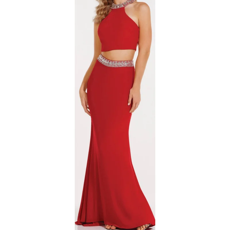 ALYCE PARIS 8009 Red Halter Crop Top with Jewels and Strappy Caged Back Gown Size 8 Zippered Front Buttoned Front Snap Front ALYCE PARIS 8009 Red Halter Crop Top with Jewels and Strappy Caged Back Gown Size 8 Zippered Front Buttoned Front Snap Front