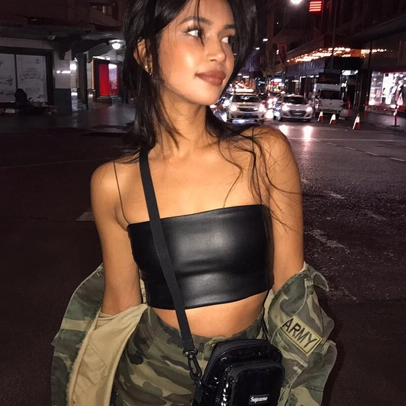 Casual PU Leather Soild Camisole Femme Slash Neck Ladies Streetwear Crop Top Chic Ring Straps Bodycon Black Skinny Camis Summer Fleece Nylon Spandex Casual PU Leather Soild Camisole Femme Slash Neck Ladies Streetwear Crop Top Chic Ring Straps Bodycon Black Skinny Camis Summer Fleece Nylon Spandex