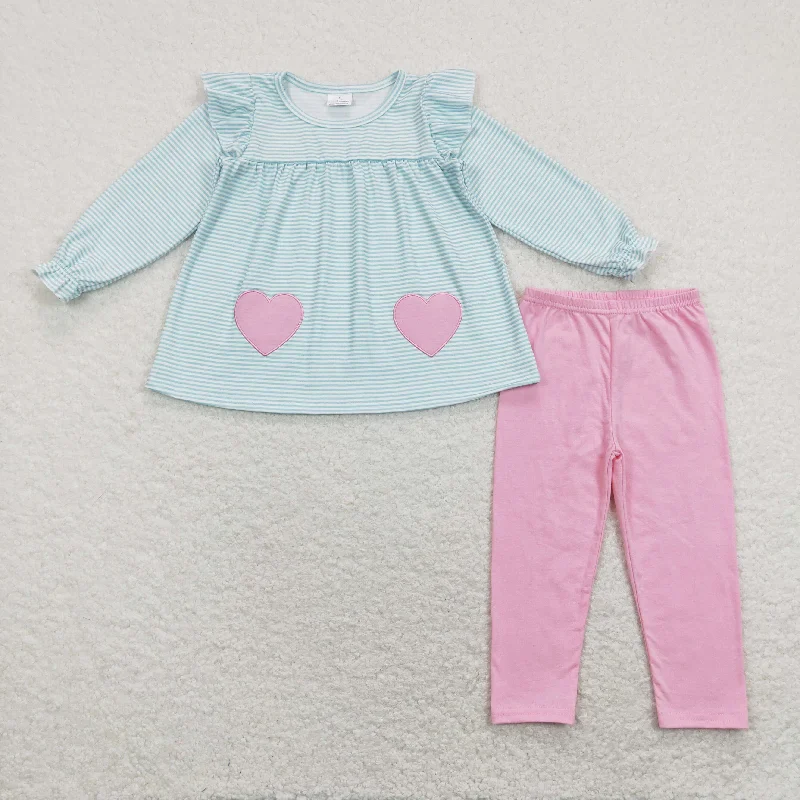 GLP1114 Valentine's Day Baby Girl Long Sleeves Embroidery Hearts Stripes Tunic Pink Cotton Leggings Pants Set Comfortable Zip-Up Leggings GLP1114 Valentine's Day Baby Girl Long Sleeves Embroidery Hearts Stripes Tunic Pink Cotton Leggings Pants Set Comfortable Zip-Up Leggings