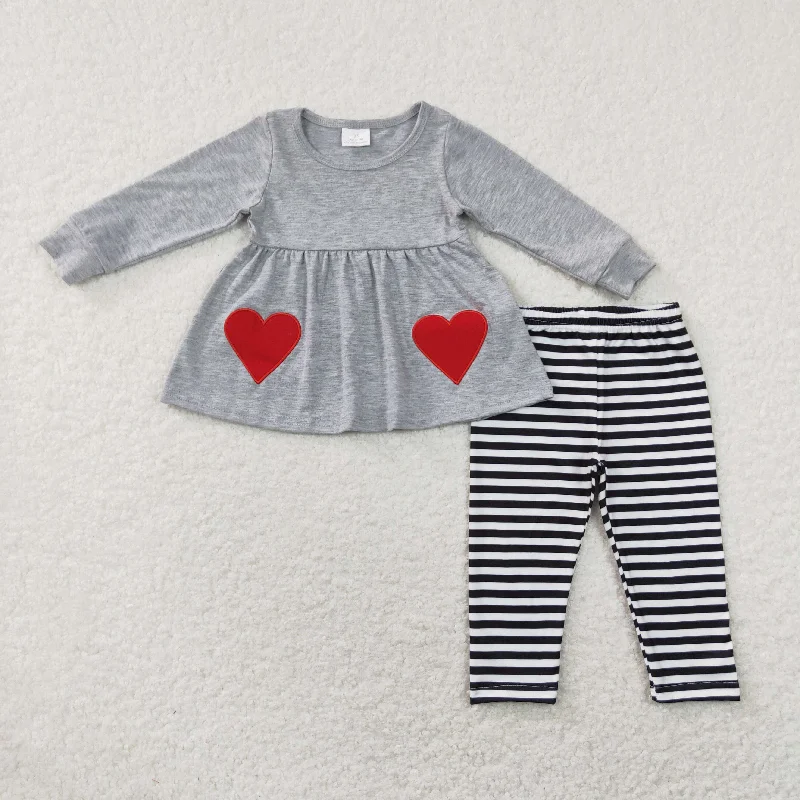 GLP0962 Valentine's Day Baby Girl Long Sleeves Embroidery Hearts Tunic Stripes Leggings Pants Grey Set Trendy Digital Print Leggings GLP0962 Valentine's Day Baby Girl Long Sleeves Embroidery Hearts Tunic Stripes Leggings Pants Grey Set Trendy Digital Print Leggings
